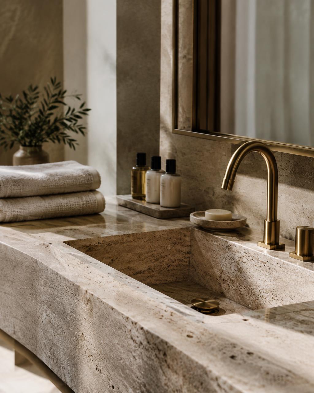 Travertine sink with brass tap and amenities