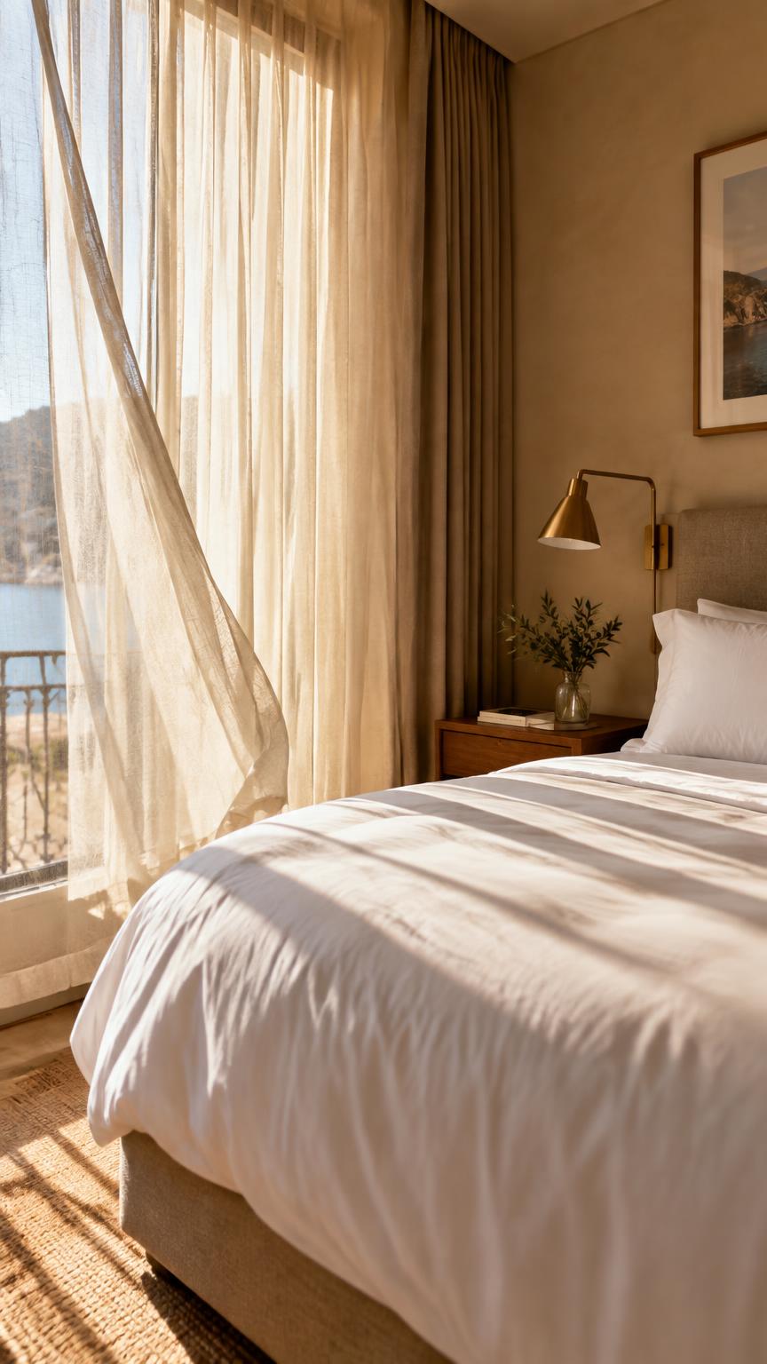 Vertical clip of curtains moving in a sunlit hotel room