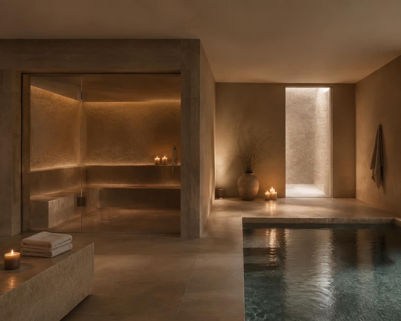 Candlelit stone spa with plunge pool