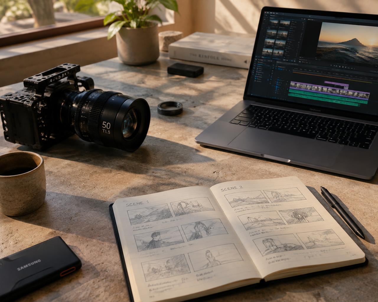 Camera, storyboard notebook and editing laptop on a stone desk